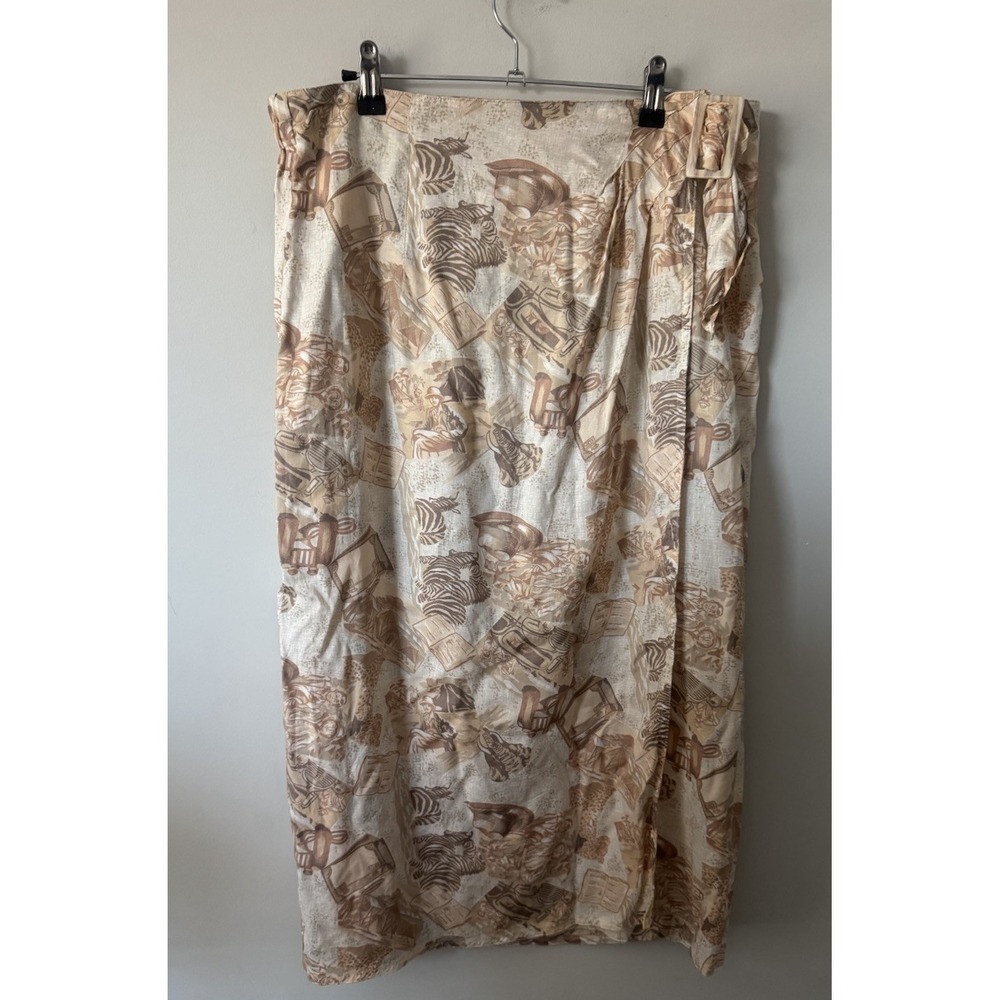 Vintage 90s Y2K Safari Jungle Animal‎ Themed Wrap Midi Skirt Tan Plus Size 18